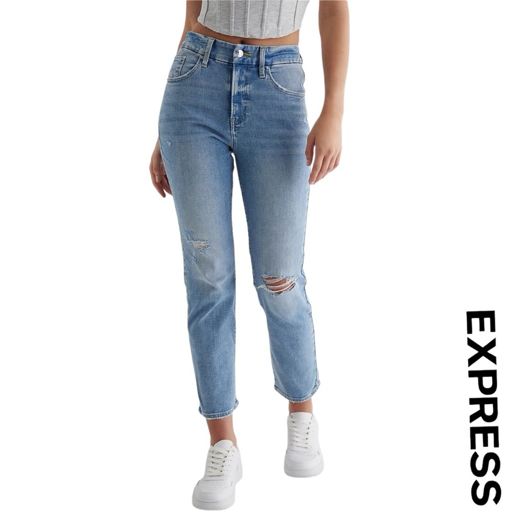 NWOT Express High Waisted Medium Wash Ripped FlexX Ankle Straight Jeans, Small R